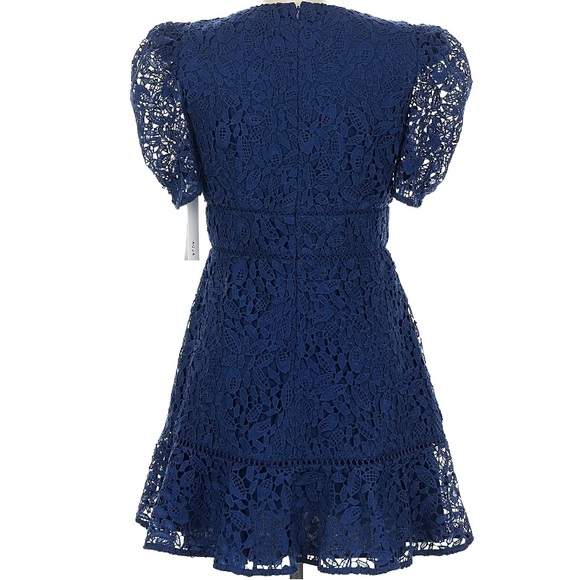 NWT AQUA Blue Crochet Lace Puff Short Sleeve Flutter Hem Mini Dress Size Medium - Picture 4 of 5